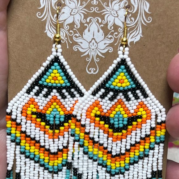 Hand Beaded Long Fringe Earrings Large Southwest Tribal Ethnic Native Indian NWT - Picture 3 of 5